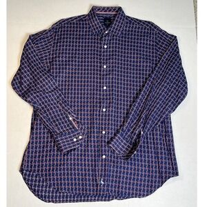 TAILORBYRD Mens XL Blue Red White Plaid Button Down Shirt Embroidered Flamingo